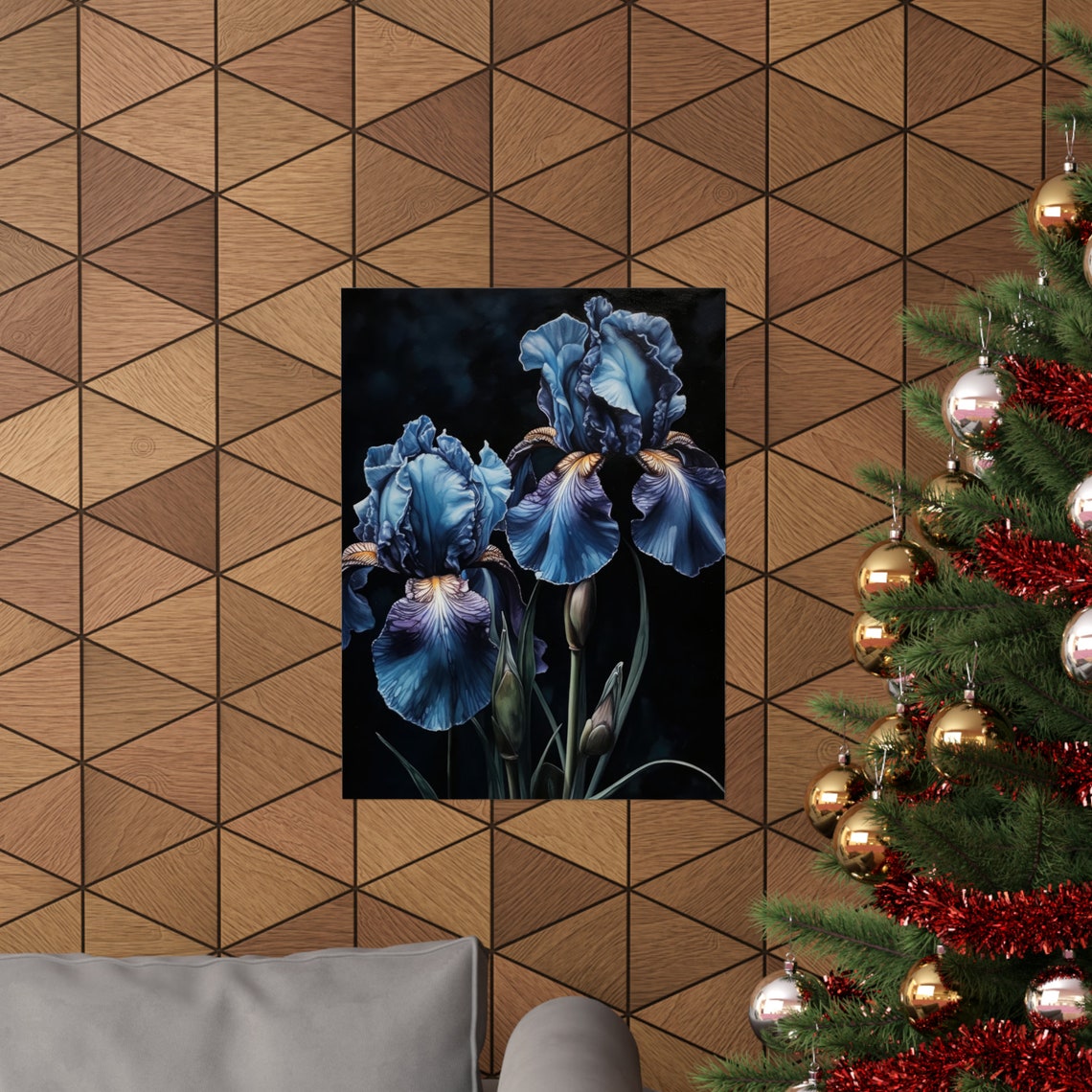 Navy Blue Iris Blooms Copper Beards Dark Botanical Art Print - Image 3
