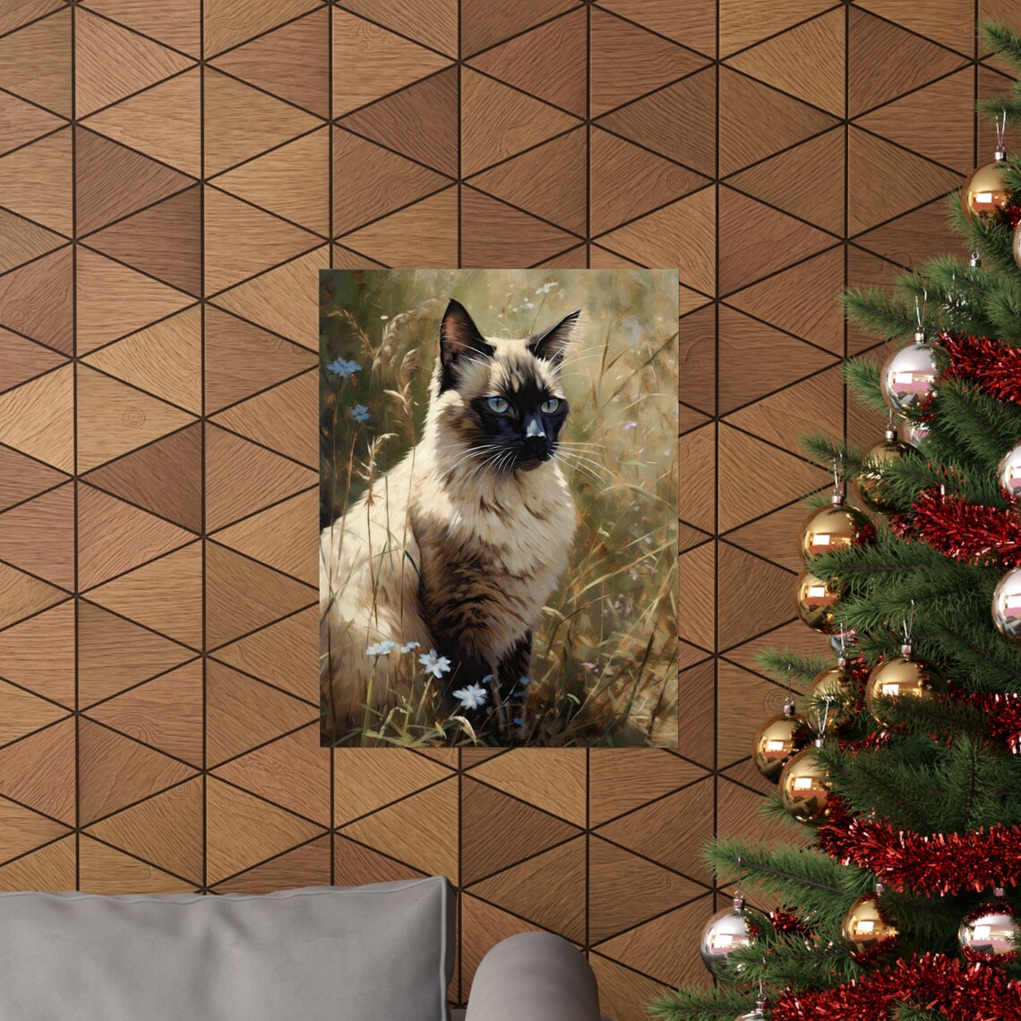 Balinese Seal Point Cat Blue Eyes Meadow Wildflowers Portrait Poster - Image 3