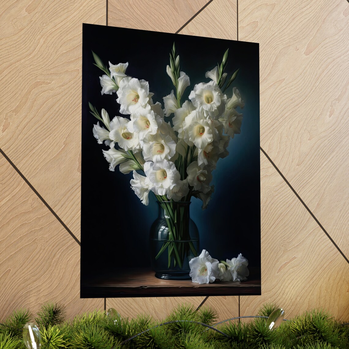 White Gladiola Blooms Glass Vase Dark Moody Still Life Art Poster - Image 2