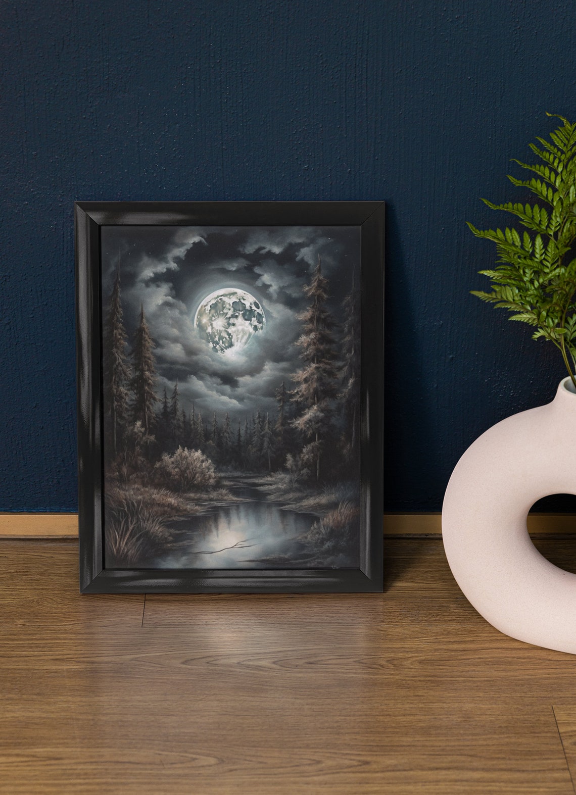 Full Moon Glowing Over Misty Forest Lake Silver Night Art Print
