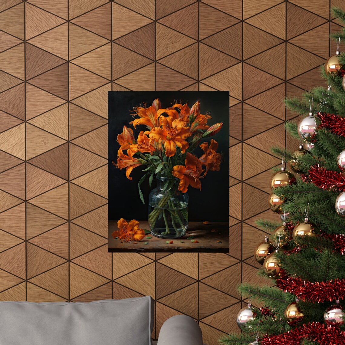 Orange Peruvian Lily Bouquet Glass Vase Moody Dark Still Life Poster - Image 3