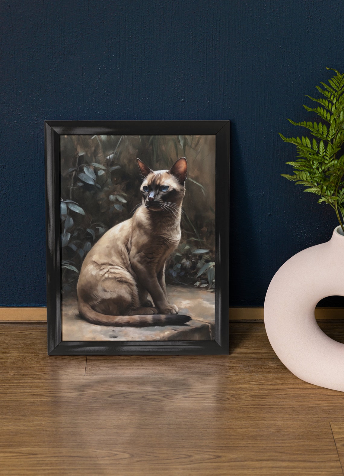 Seal Point Cat Sitting Stone Wall Garden Portrait Feline Art Print