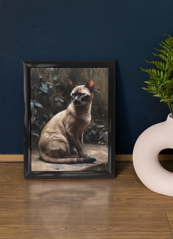 Seal Point Cat Sitting Stone Wall Garden Portrait Feline Art Print