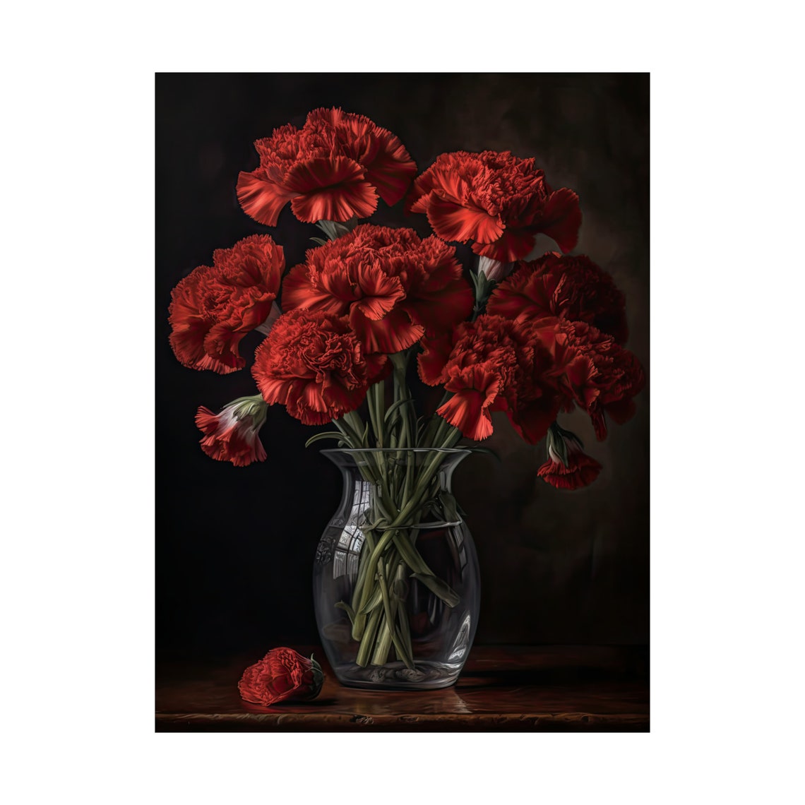 Scarlet Red Carnations Tall Glass Vase Bold Dark Floral Art Poster - Image 4