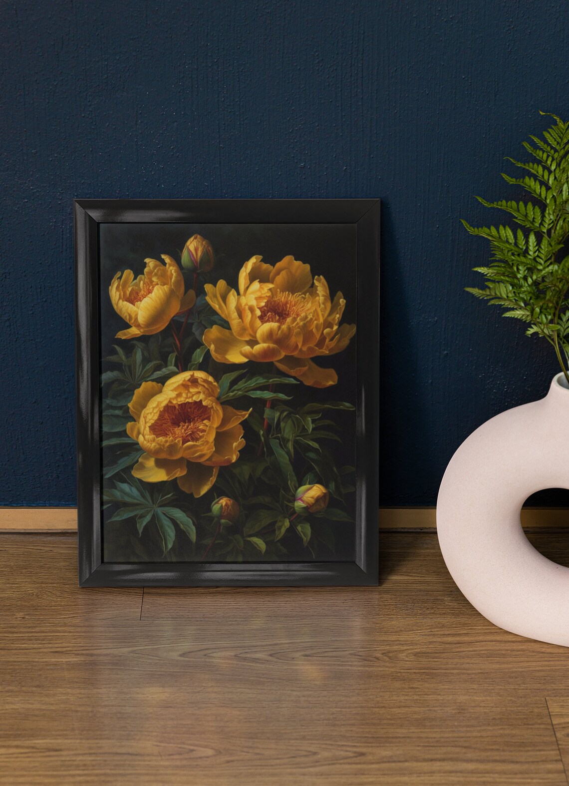 Yellow Peony Flower Golden Blooms Dark Background Botanical Art Poster