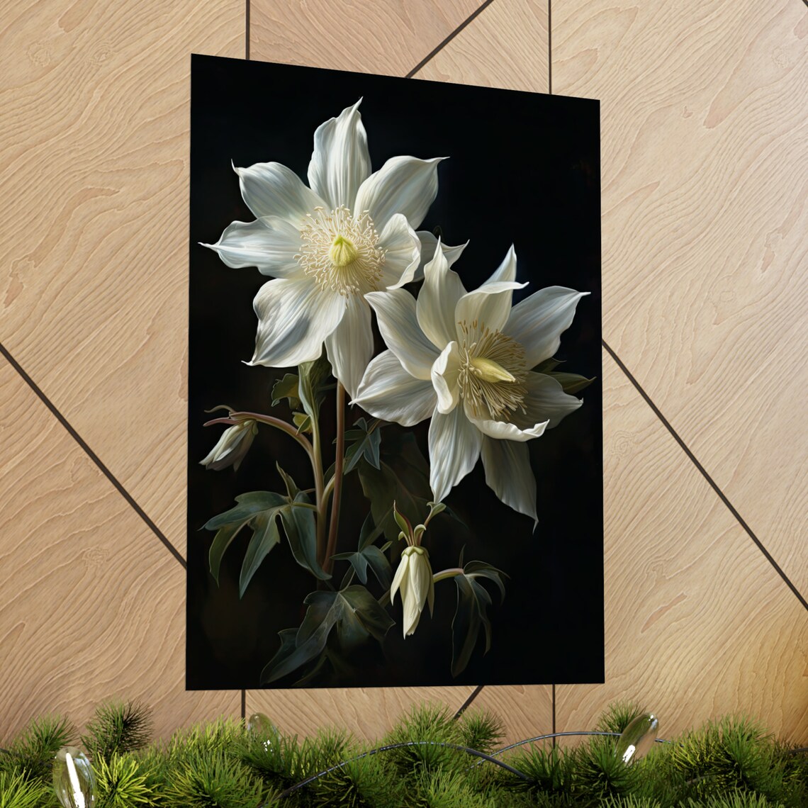 White Columbine Ivory Blooms Dark Botanical Floral Painting Poster - Image 2