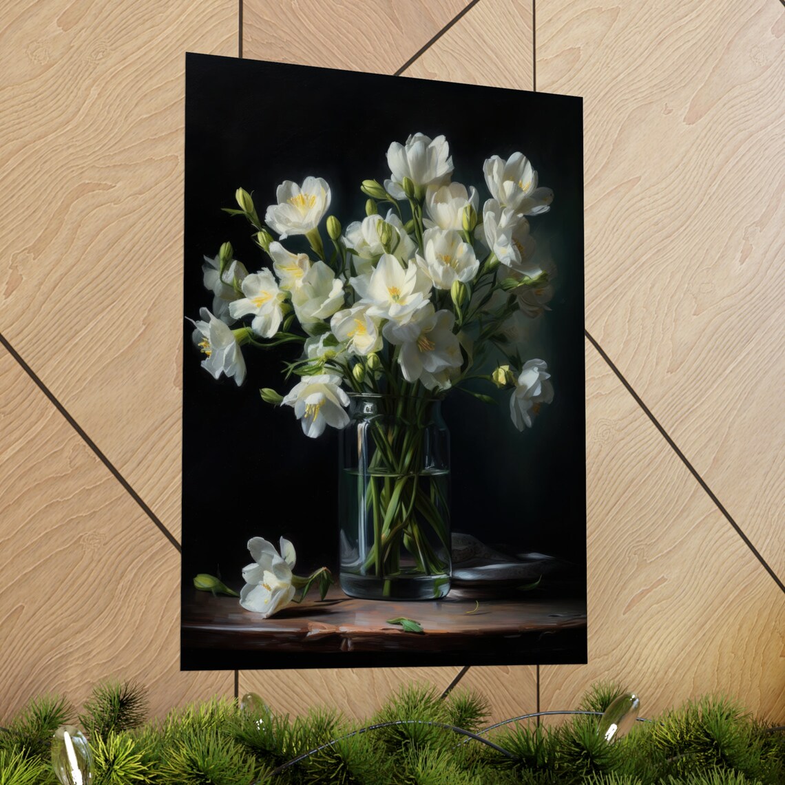 White Freesia Bouquet Glass Vase Dark Moody Still Life Poster - Image 2