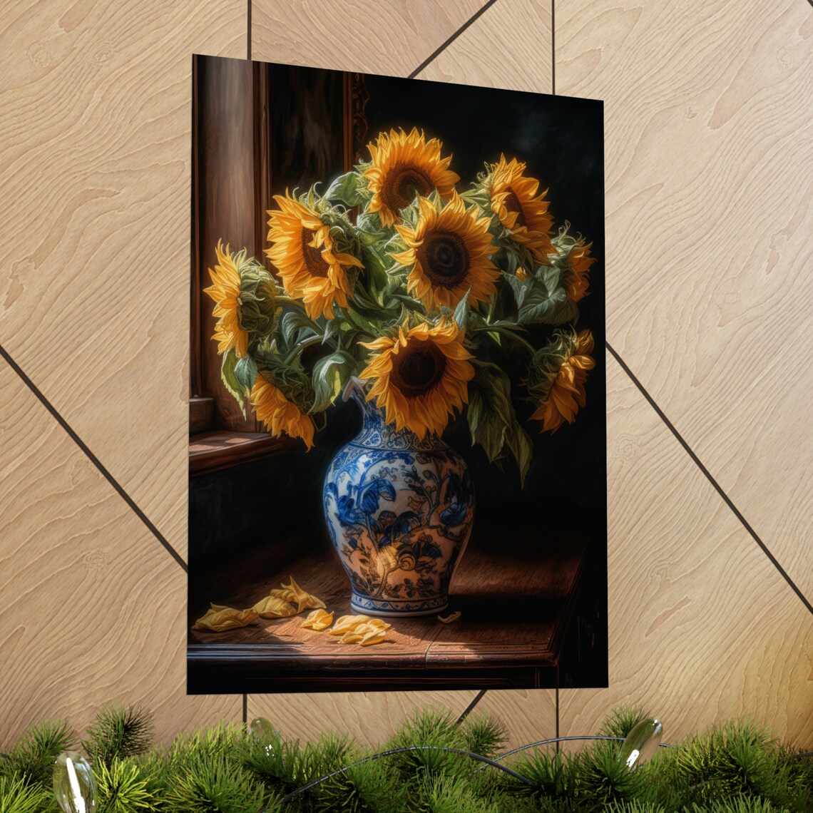 Sunflower Bouquet Golden Blooms Blue Porcelain Vase Still Life Poster - Image 2