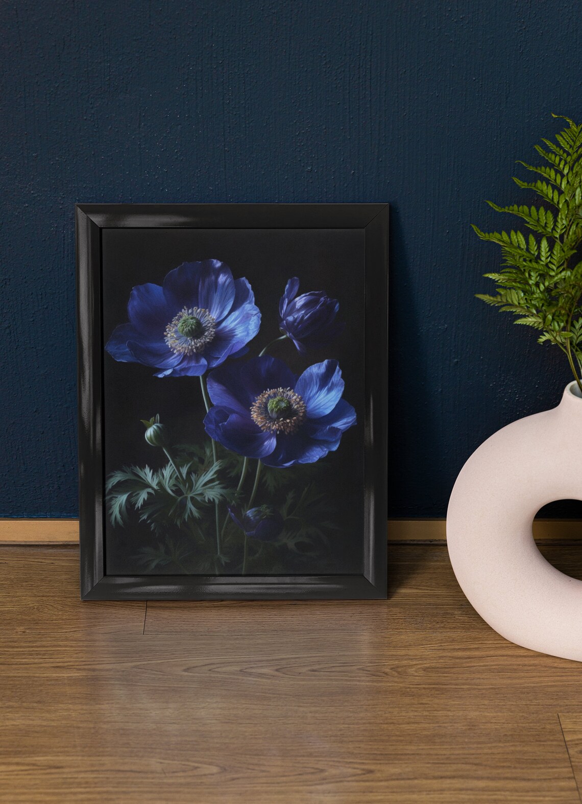 Deep Blue Anemone Blooms Dark Moody Botanical Floral Art Wall Poster