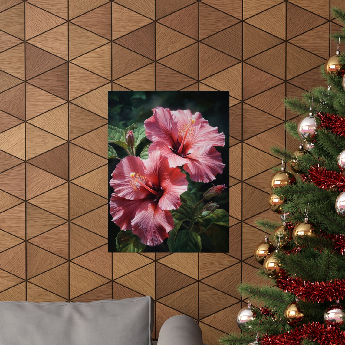 Pink Hibiscus Blooms Dark Background Tropical Floral Fine Art Poster - Image 3