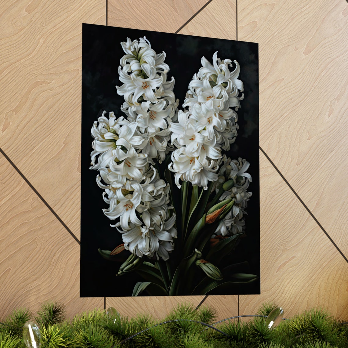 White Hyacinth Tall Spikes Dark Dramatic Spring Floral Art Poster - Image 2