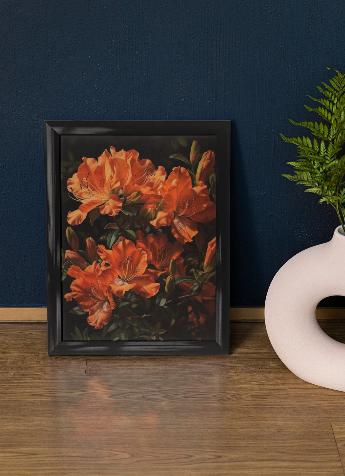 Orange Azalea Blooms Dark Moody Botanical Oil Painting Art Poster