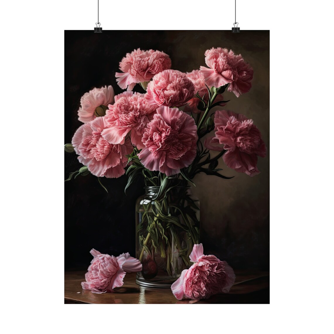 Pink Carnation Bouquet Glass Jar Dark Still Life Floral Art Poster - Image 5