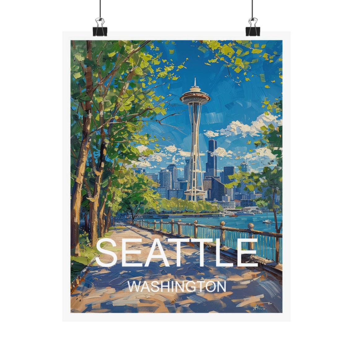 Seattle Washington Space Needle Waterfront Sunny Day Travel Poster - Image 4