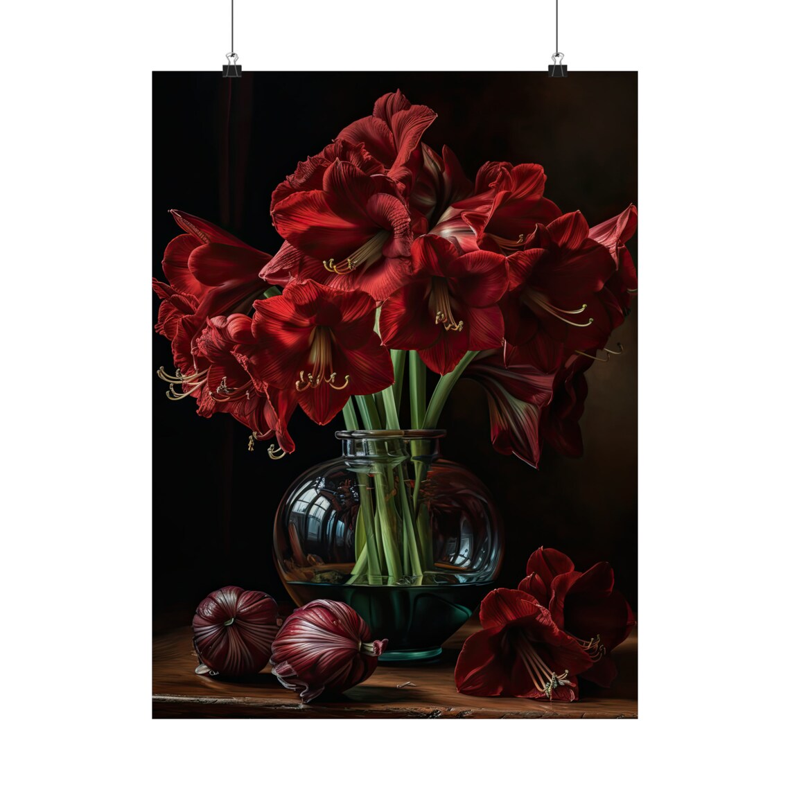 Burgundy Amaryllis Dark Still Life Bulbs Glass Vase Flower Art Print - Image 5
