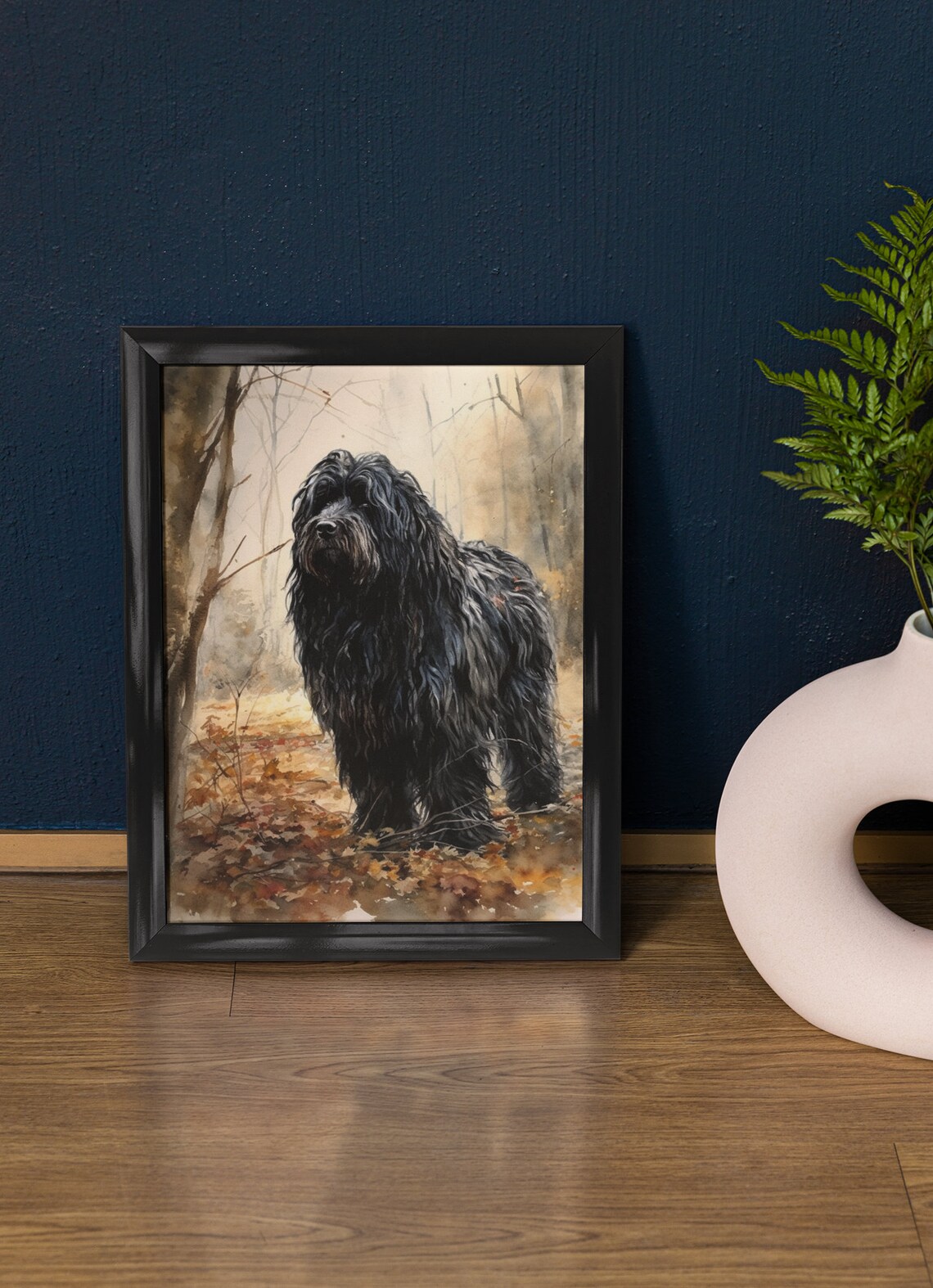 Puli Dog Shaggy Black Coat Watercolor Portrait In Autumn Woods Print