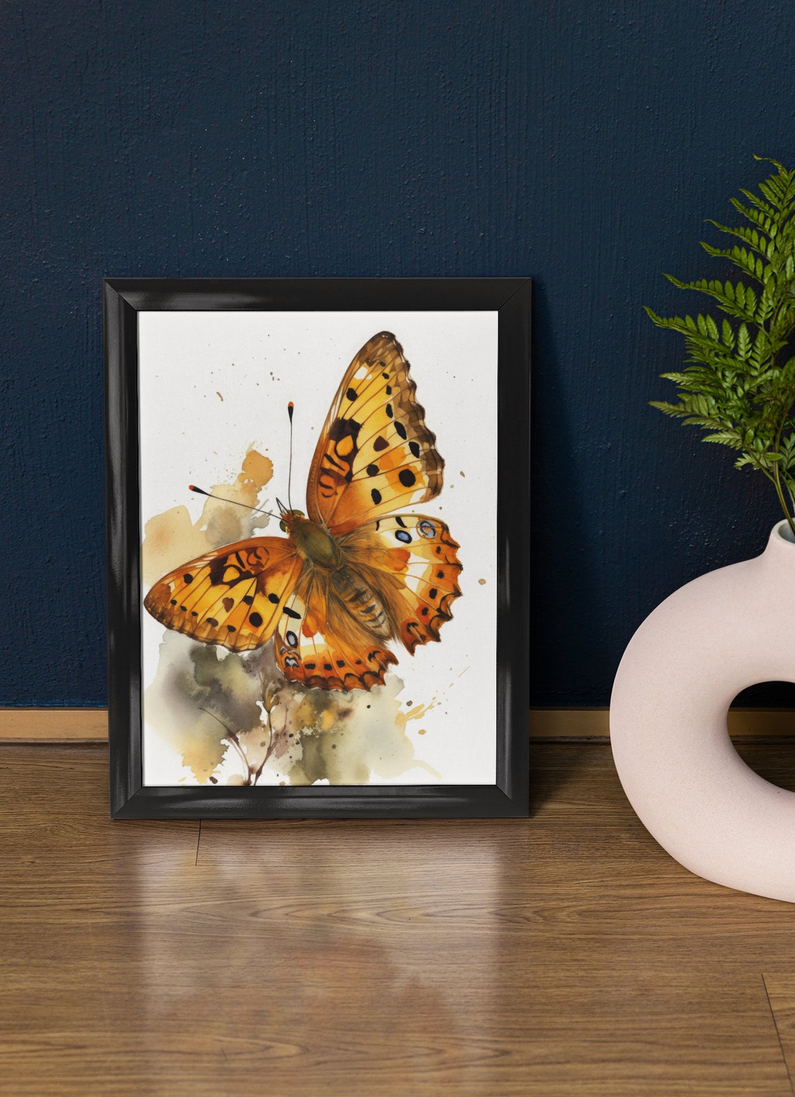 Tawny Orange Spotted Butterfly Open Wings Watercolor Art Print