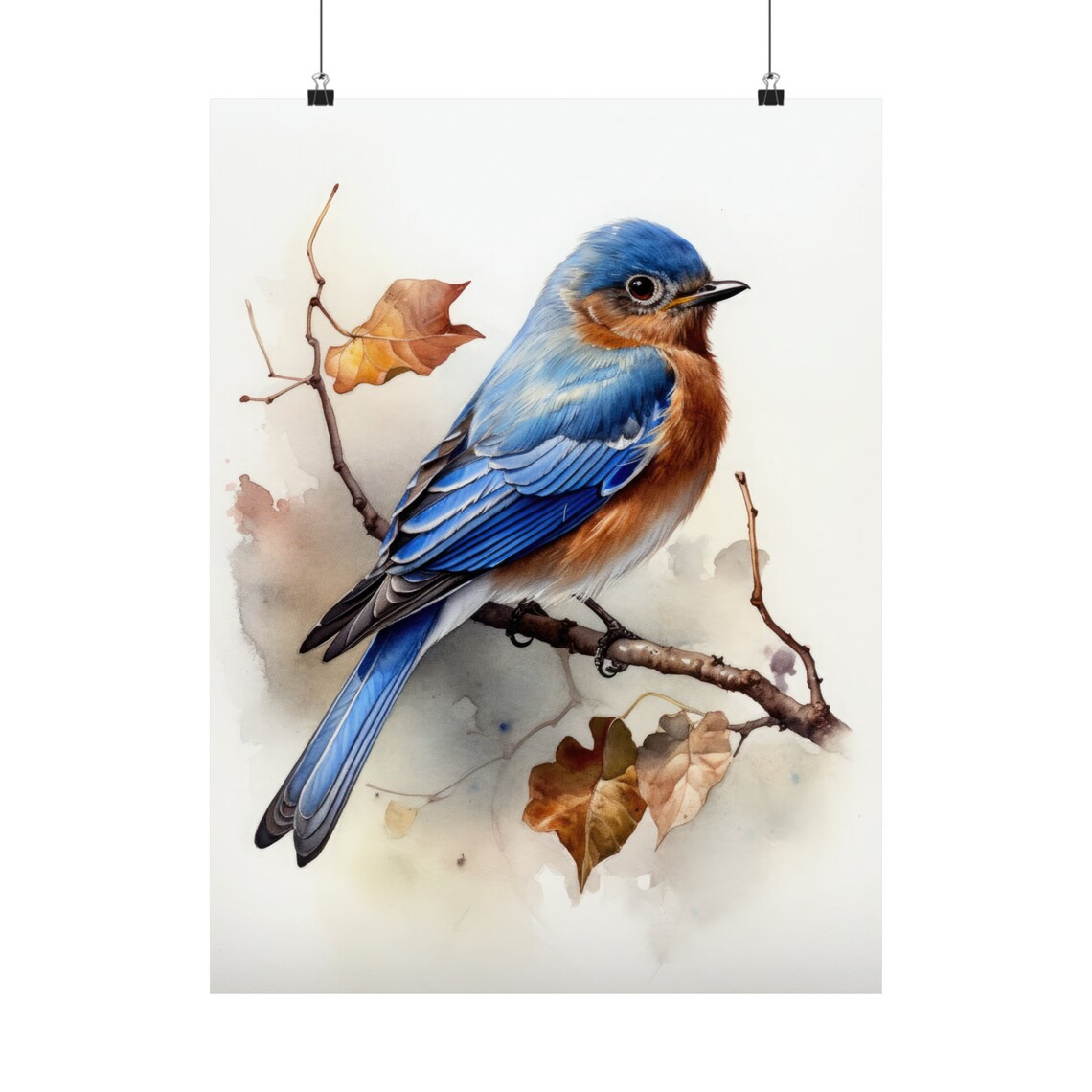 Eastern Bluebird Watercolor Vivid Blue Songbird Branch Art Poster - Image 5
