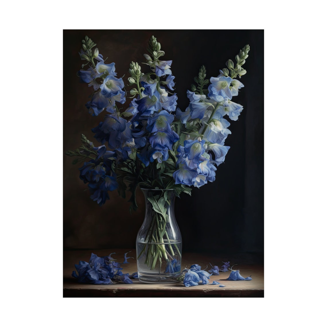 Blue Delphinium Fan Bouquet Glass Vase Dark Still Life Poster - Image 4