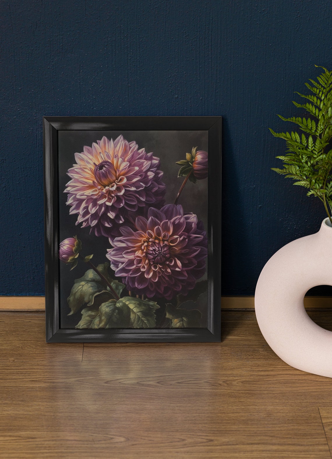 Lavender Dahlia Blooms Soft Blush Dark Floral Botanical Art Print