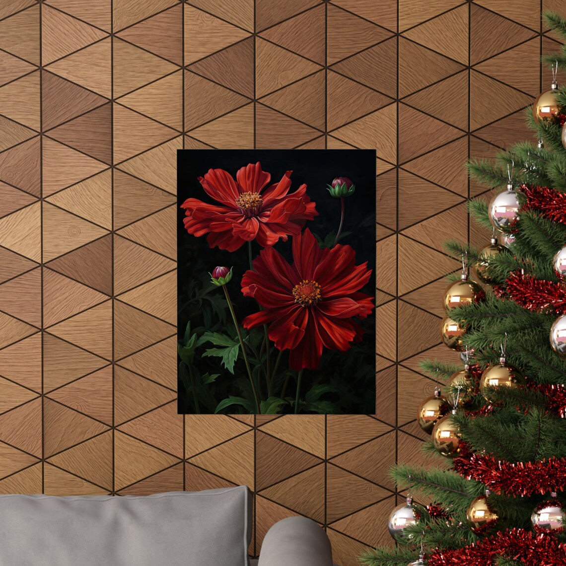 Red Cosmos Blooms Dark Moody Botanical Floral Fine Art Poster - Image 3