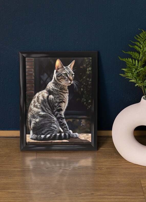 Egyptian Mau Cat Silver Spotted Coat Brick Window Feline Wall Art Print