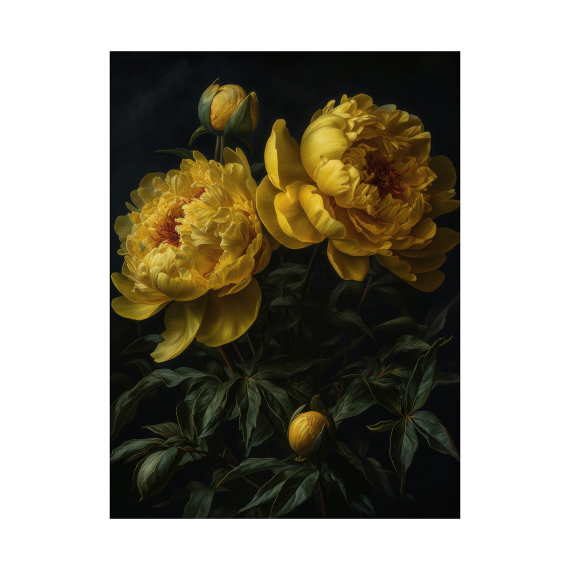 Yellow Peony Blossoms Golden Blooms Dark Botanical Still Life Poster - Image 4