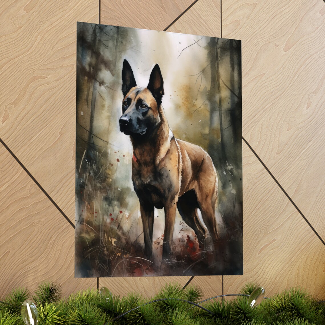 Belgian Malinois Dog Standing In Misty Forest Watercolor Art Print - Image 2