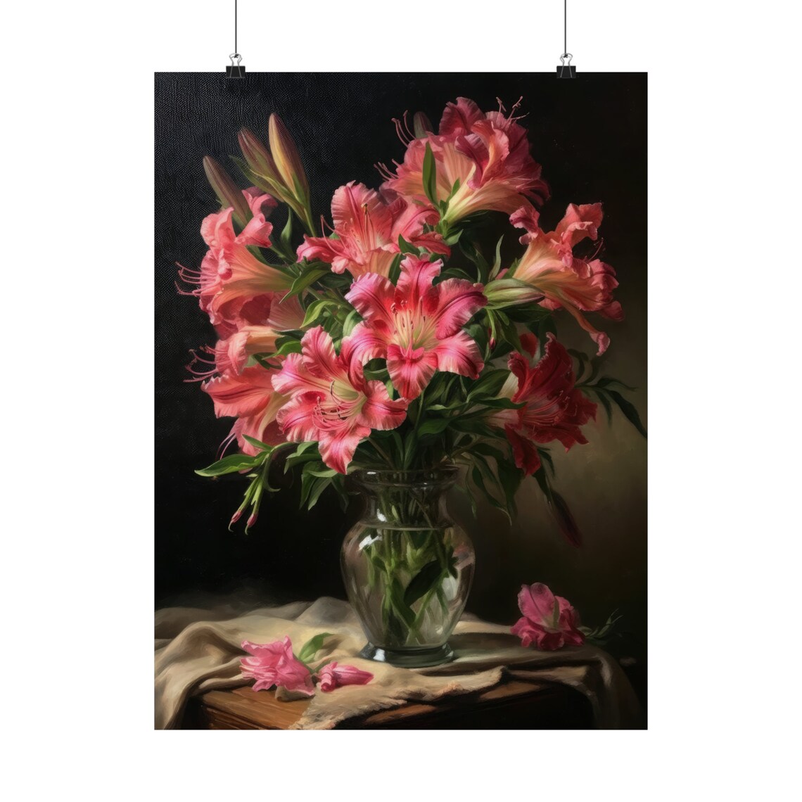Coral Pink Peruvian Lily Bouquet Moody Dark Still Life Poster - Image 5
