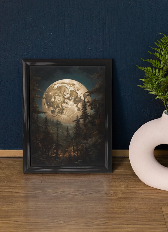 Huge Detailed Moon Rising Behind Dark Pine Silhouettes Gothic Wall Art
