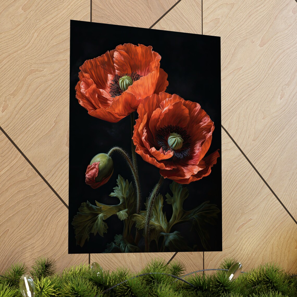California Poppy Red Orange Duo Buds Dark Bold Floral Painting Poster - Image 2