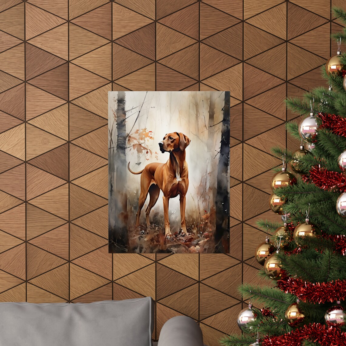Redbone Coonhound Watercolor Portrait Standing In Autumn Forest Poster - Image 3