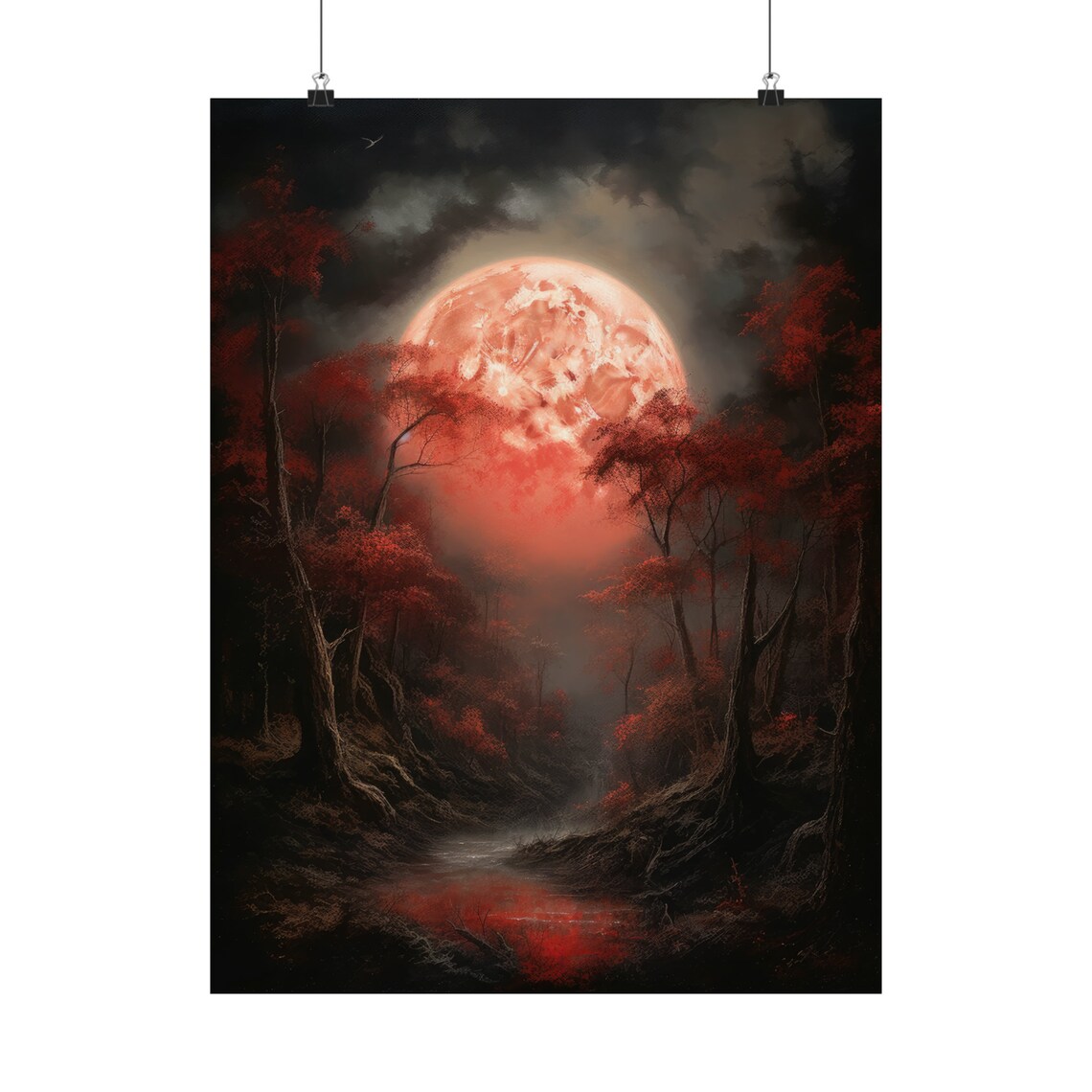 Blood Red Moon Over Crimson Autumn Forest Misty Gothic Night Wall Art - Image 5