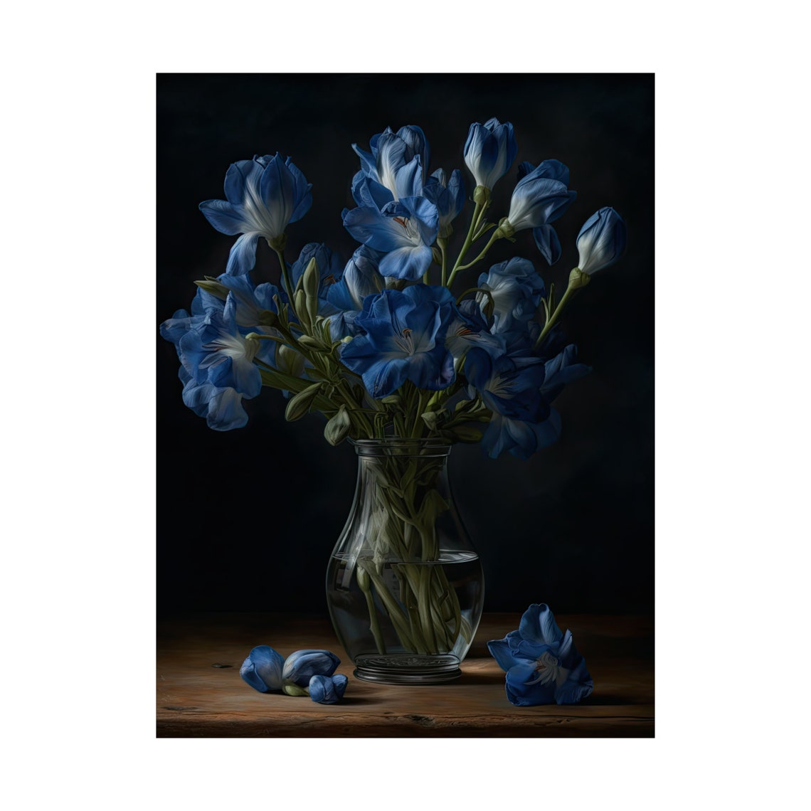 Cornflower Blue Freesia Bouquet Glass Vase Dark Still Life Poster - Image 4