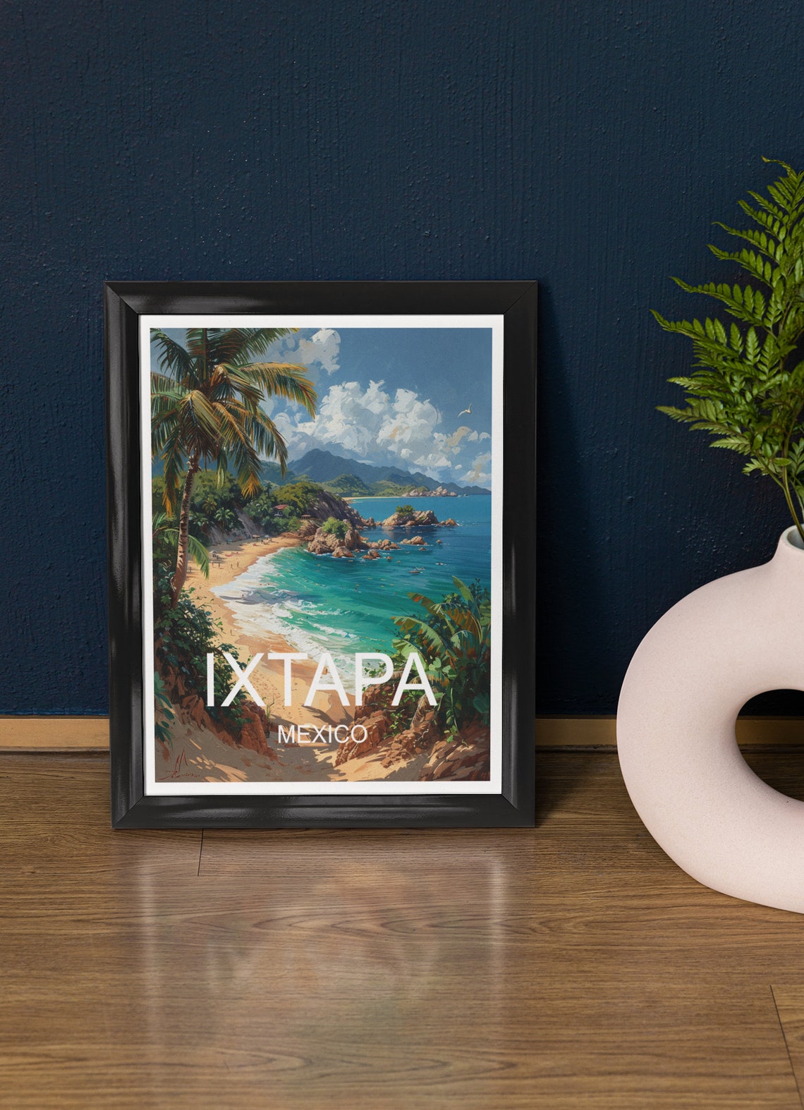 Ixtapa Mexico Tropical Beach Palm Trees Blue Ocean Travel Poster