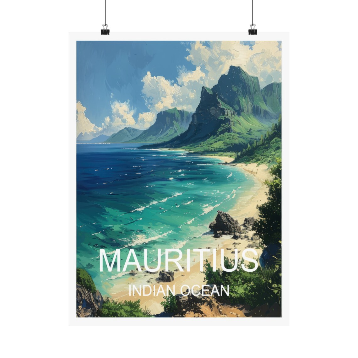 Mauritius Indian Ocean Turquoise Beach Mountain View Travel Poster - Image 5