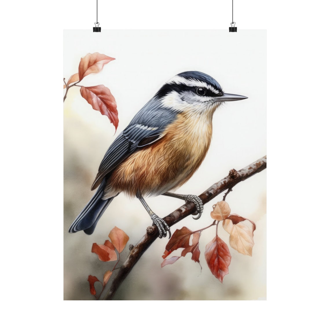 Red Breasted Nuthatch Bird Autumn Leaves Watercolor Fine Art Poster - Image 5