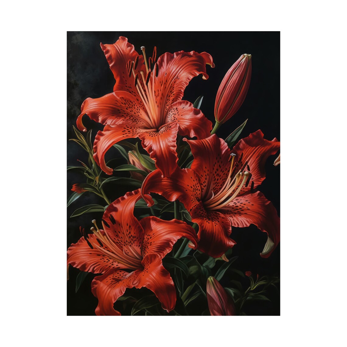 Red Tiger Lilies Spotted Petals Dark Moody Floral Oil Painting Art - Image 4