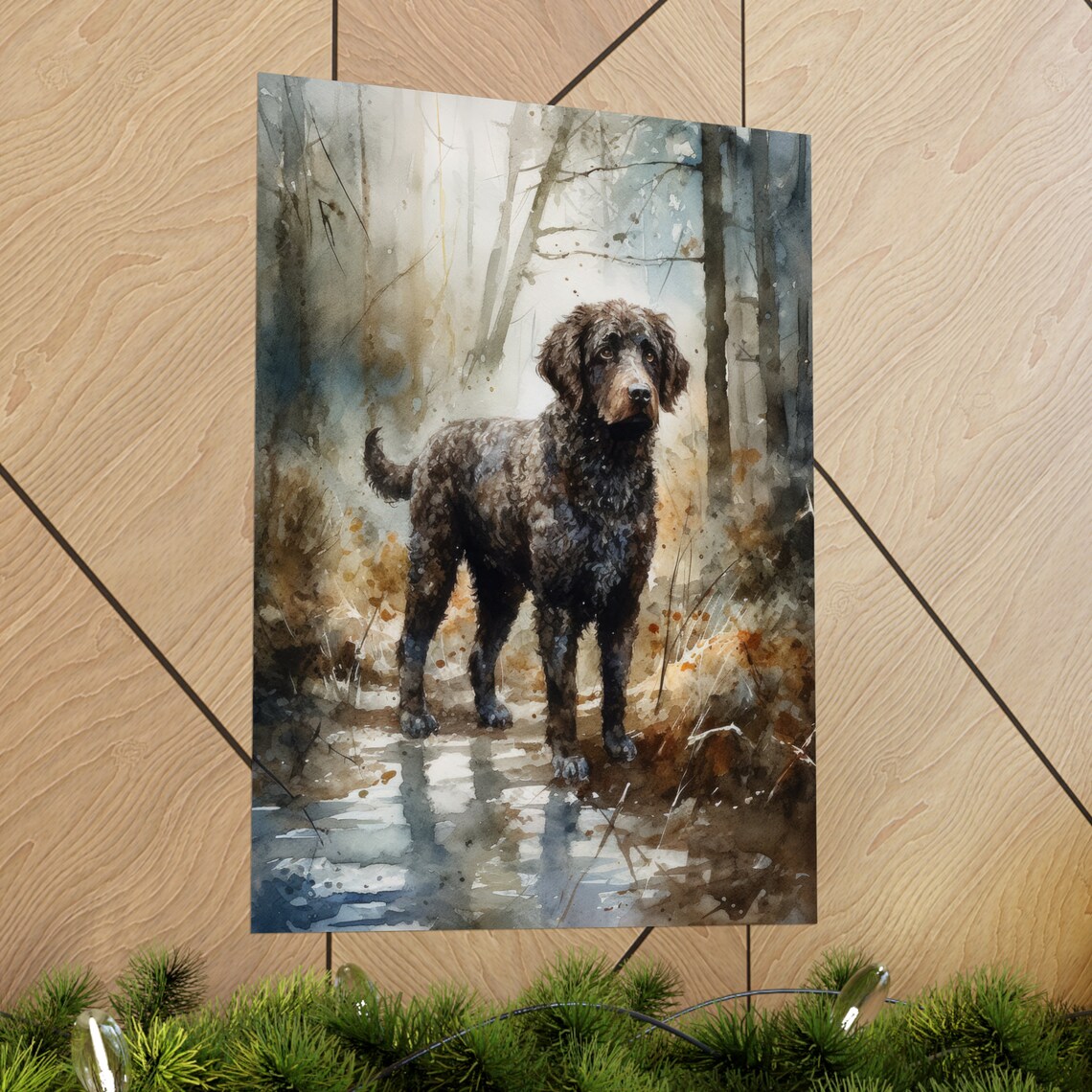 Spanish Water Dog Standing By A Misty Forest Stream Watercolor Poster - Image 2