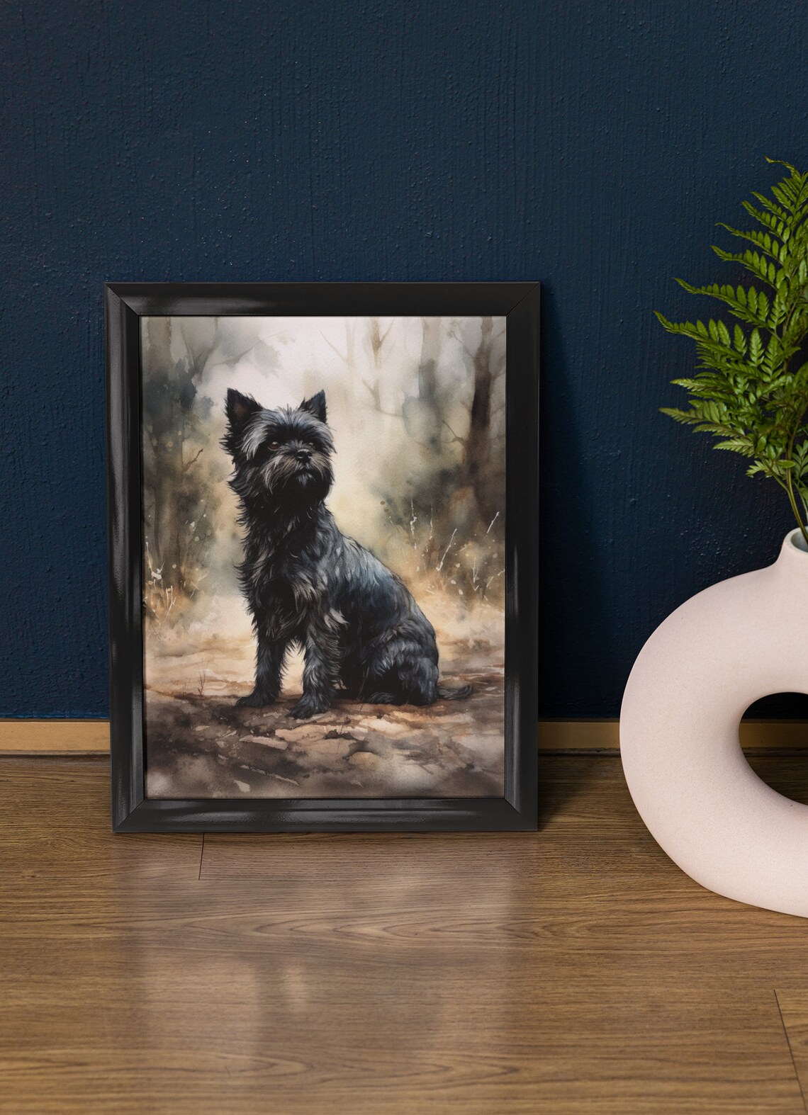 Affenpinscher Dog Watercolor Portrait Sitting In Misty Woodland Poster