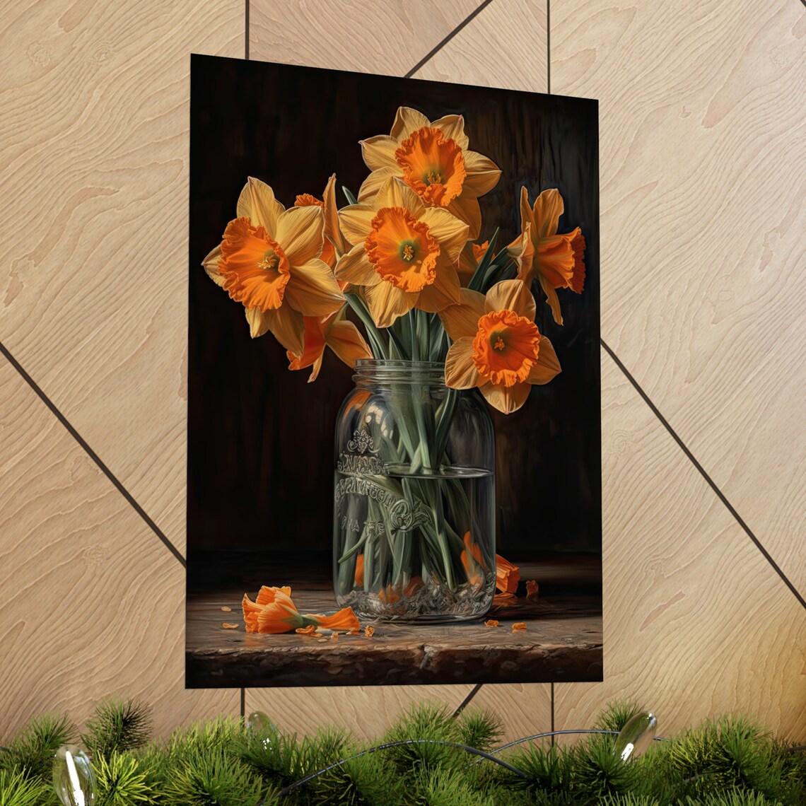 Orange Daffodil Stems Bold Amber Blooms Mason Jar Still Life Poster - Image 2