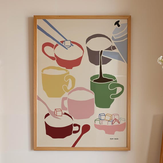 Coffee Poster Cup Colorful Fun Art Kitchen Wall Mid Century Modern Print Retro Illustration Sugar