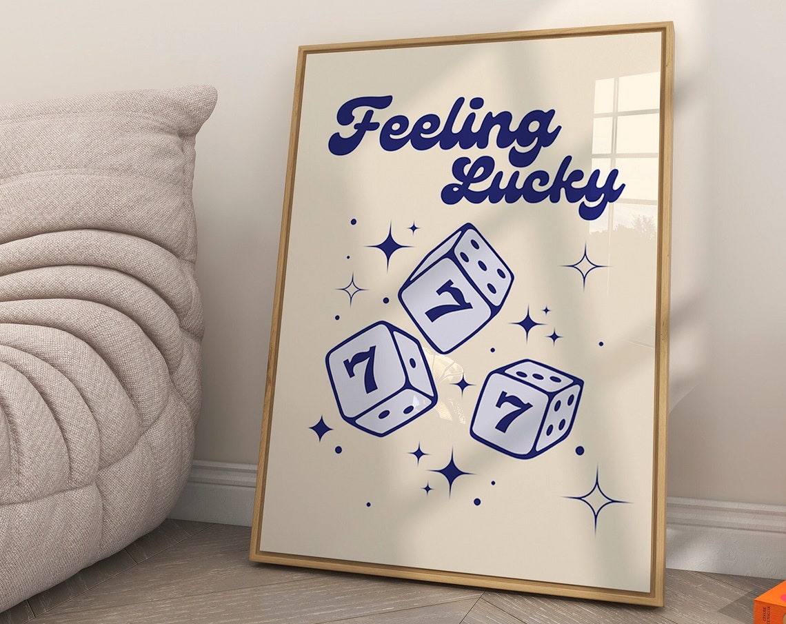 Feeling Lucky 777 Dice Retro Navy Script Quote Wall Art for Game Room - Image 2