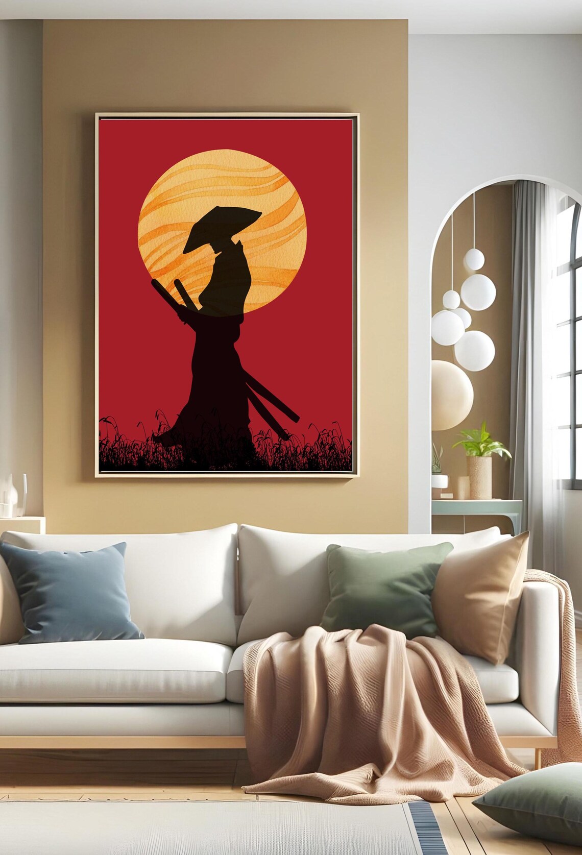 Samurai Silhouette Sunset Japanese Warrior Ink Style Red Art Poster - Image 3