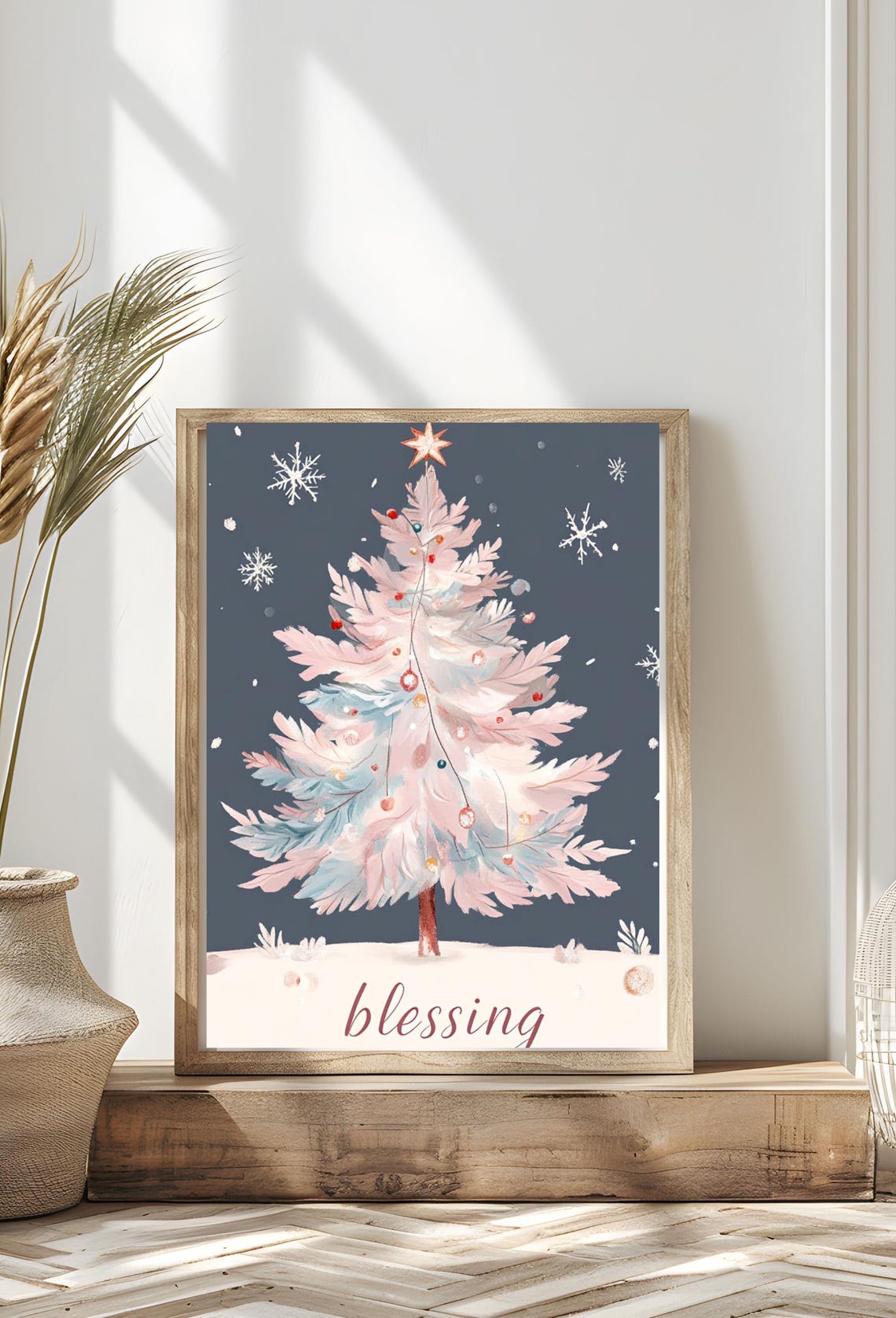 Pastel Pink Christmas Tree Watercolor Snowflakes Blessing Art Poster