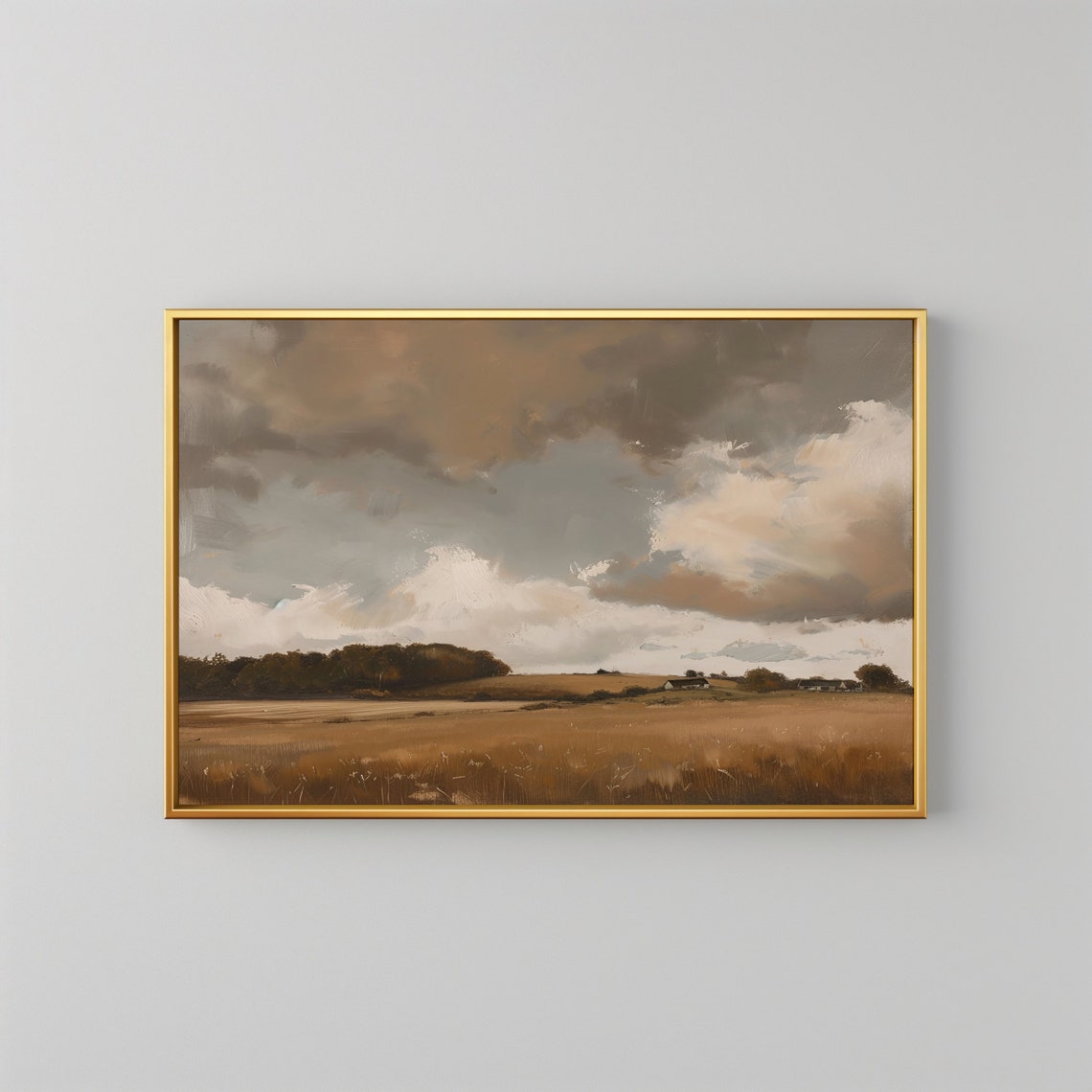 Rustic Golden Field Under Dramatic Cloudy Sky Vintage Landscape Print - Image 2