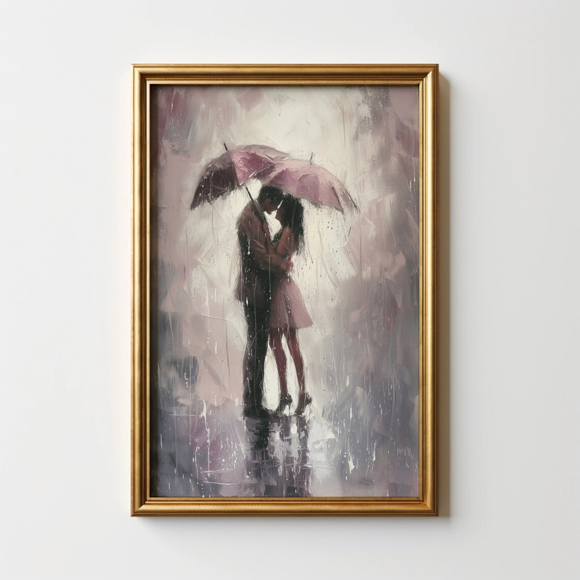 Romantic Couple Kissing Under Umbrella In Rain Pink Art Print Poster