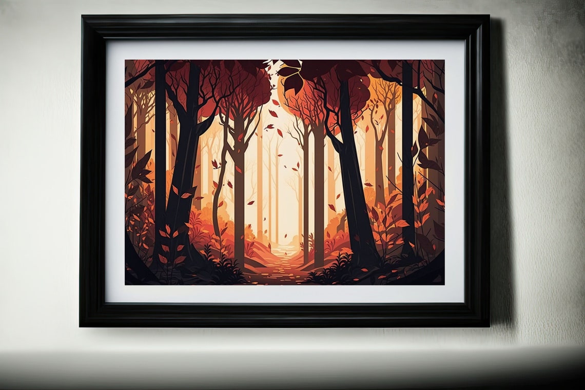 Autumn Forest Glowing Path Fall Leaves Framed Woodland Wall Art Poster