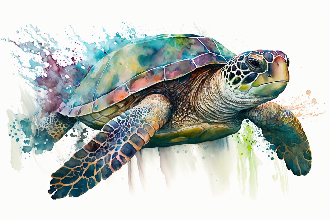 Sea Turtle Watercolor Colorful Teal Ocean Splash Wildlife Wall Art