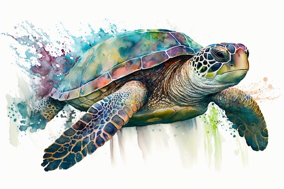 Sea Turtle Watercolor Colorful Teal Ocean Splash Wildlife Wall Art